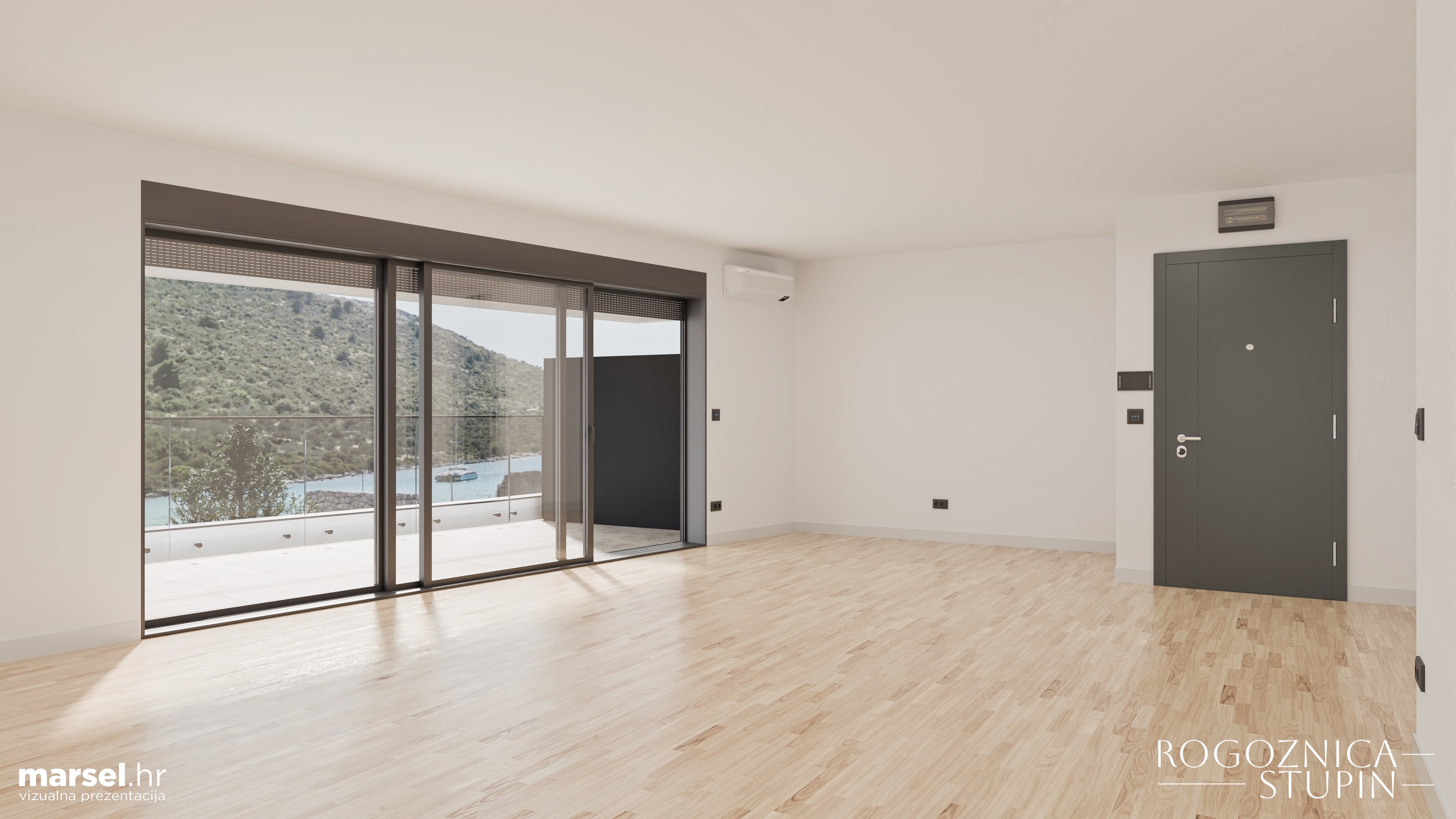 Vizualizacija interijera apartmana u novogradnji Rogoznica Stupin. Prostrani i svijetli unutarnji prostori s pogledom na more, idealni za stanovanje ili investiranje u apartman na dalmatinskoj obali.